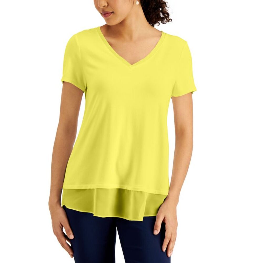 JM Collection V Neck Sheer Hem Top